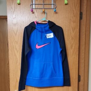 Nike Blue and Black Hoodie with Pink Swoosh womens L  number 5392
